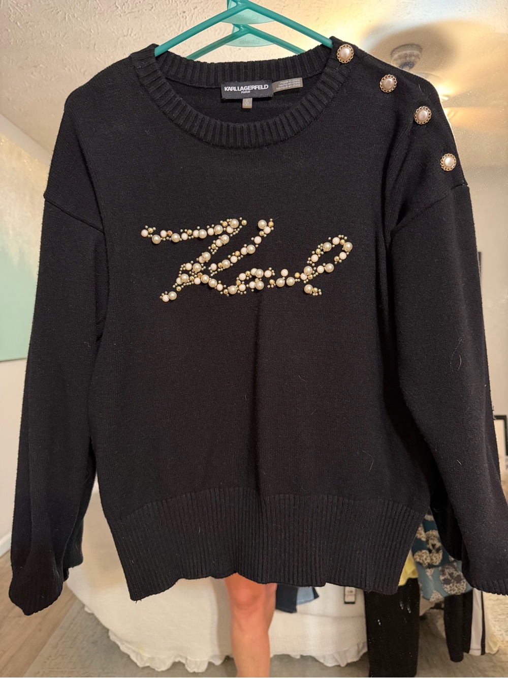 Karl Lagerfeld Black Pearl-Embellished Scoopneck Sweater